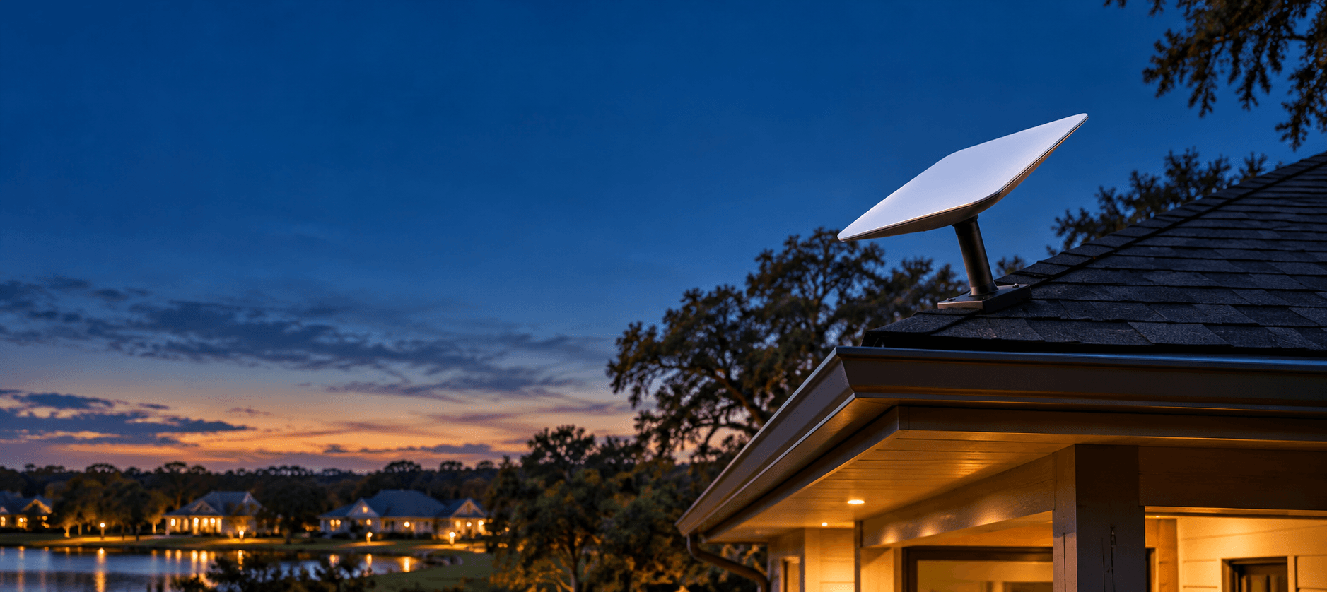 Starlink satellite internet equipment installed on a Louisiana home at blue hour