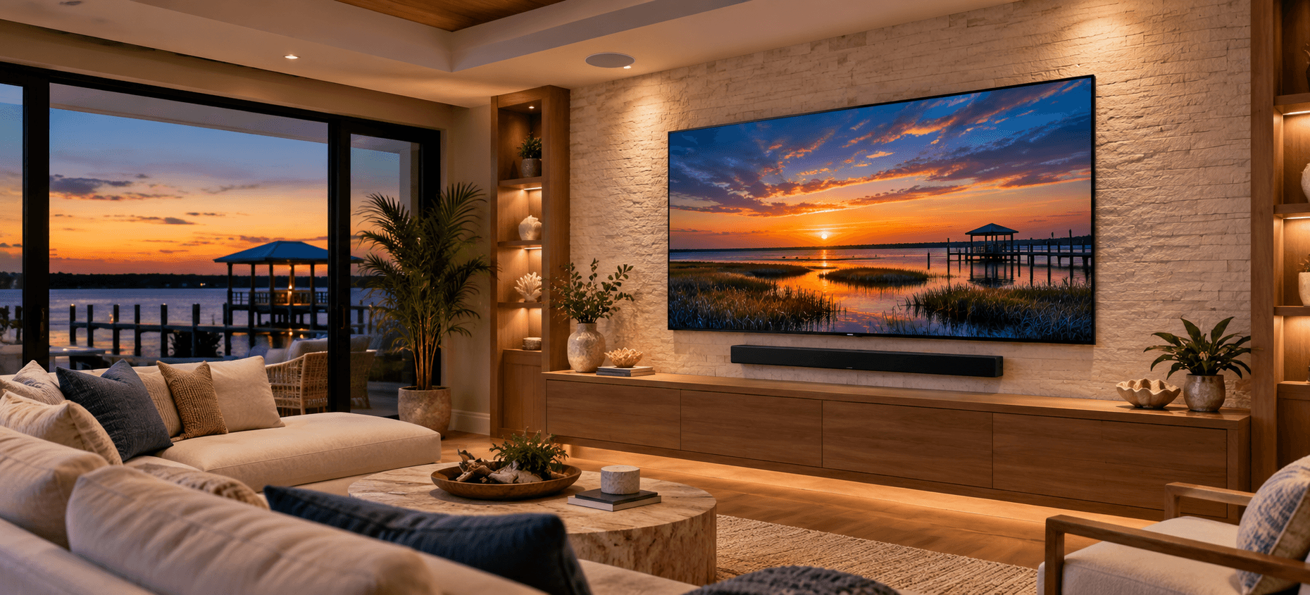 Professionally installed television and soundbar in an elegant Louisiana living room