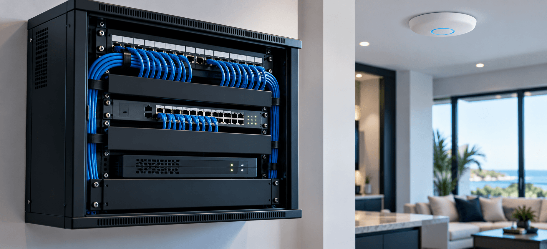 Organized network cabinet and ceiling-mounted wireless access point