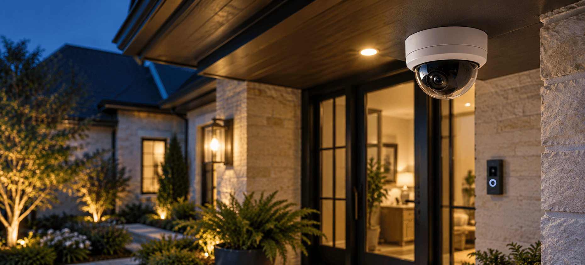Security camera protecting an illuminated residential entrance at blue hour