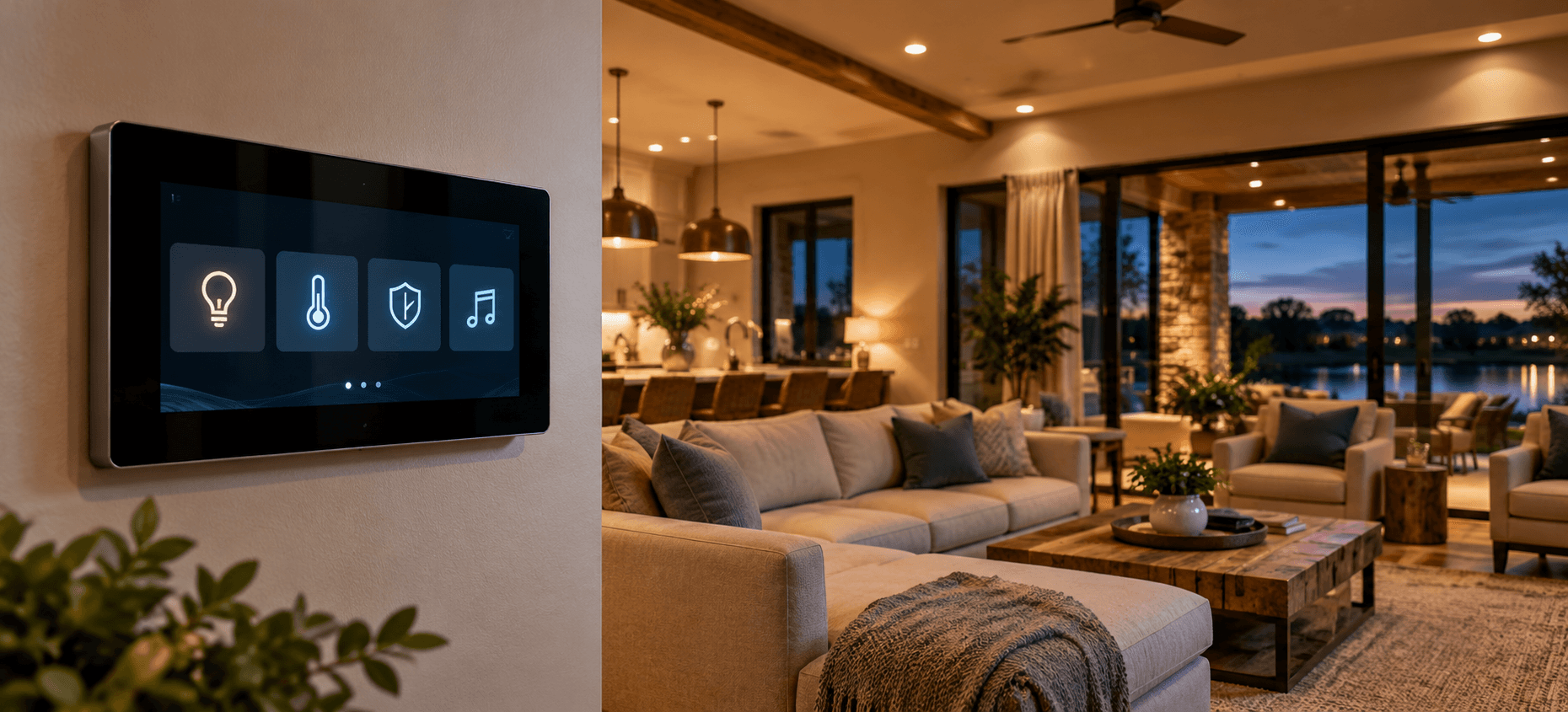 Wall-mounted smart-home controller in an elegant Louisiana living space